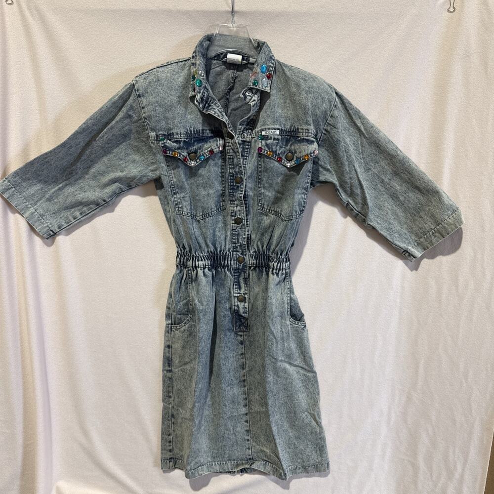 Vintage 80s Acid Wash Denim Dress Rhinestone Western Cowgirl M